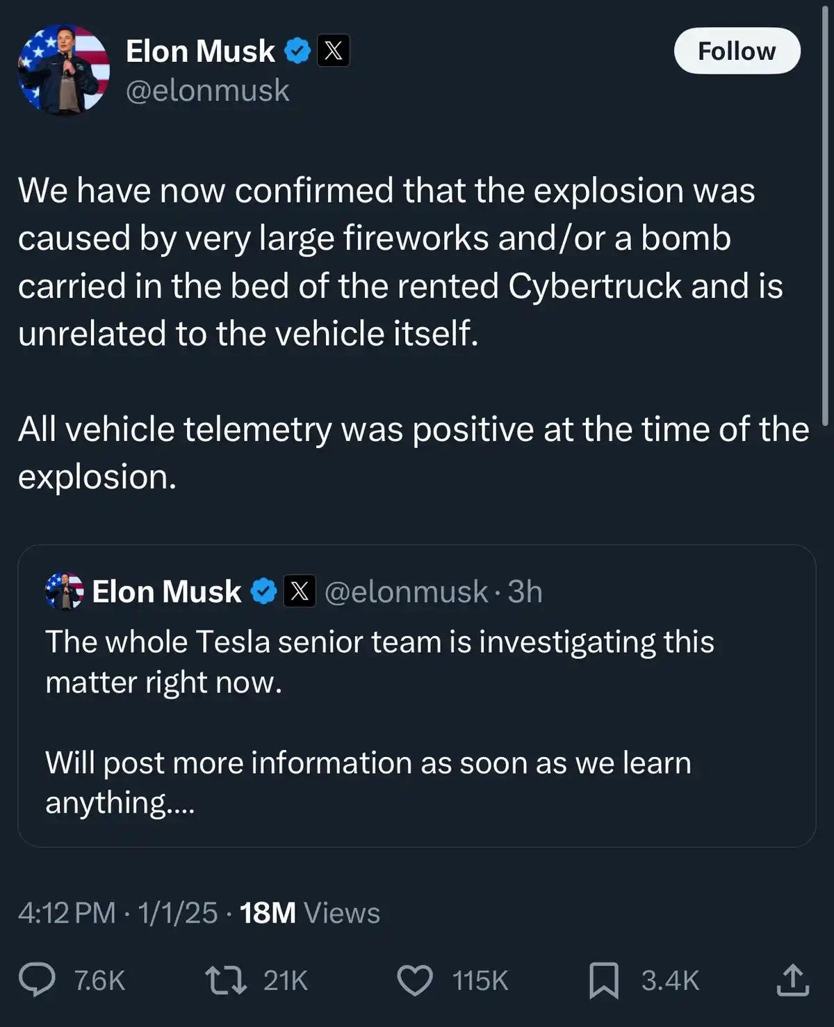 A screenshot of an Elon Musk X (formerly Twitter) post where he claims an explosion involving a Cybertruck was caused by…
