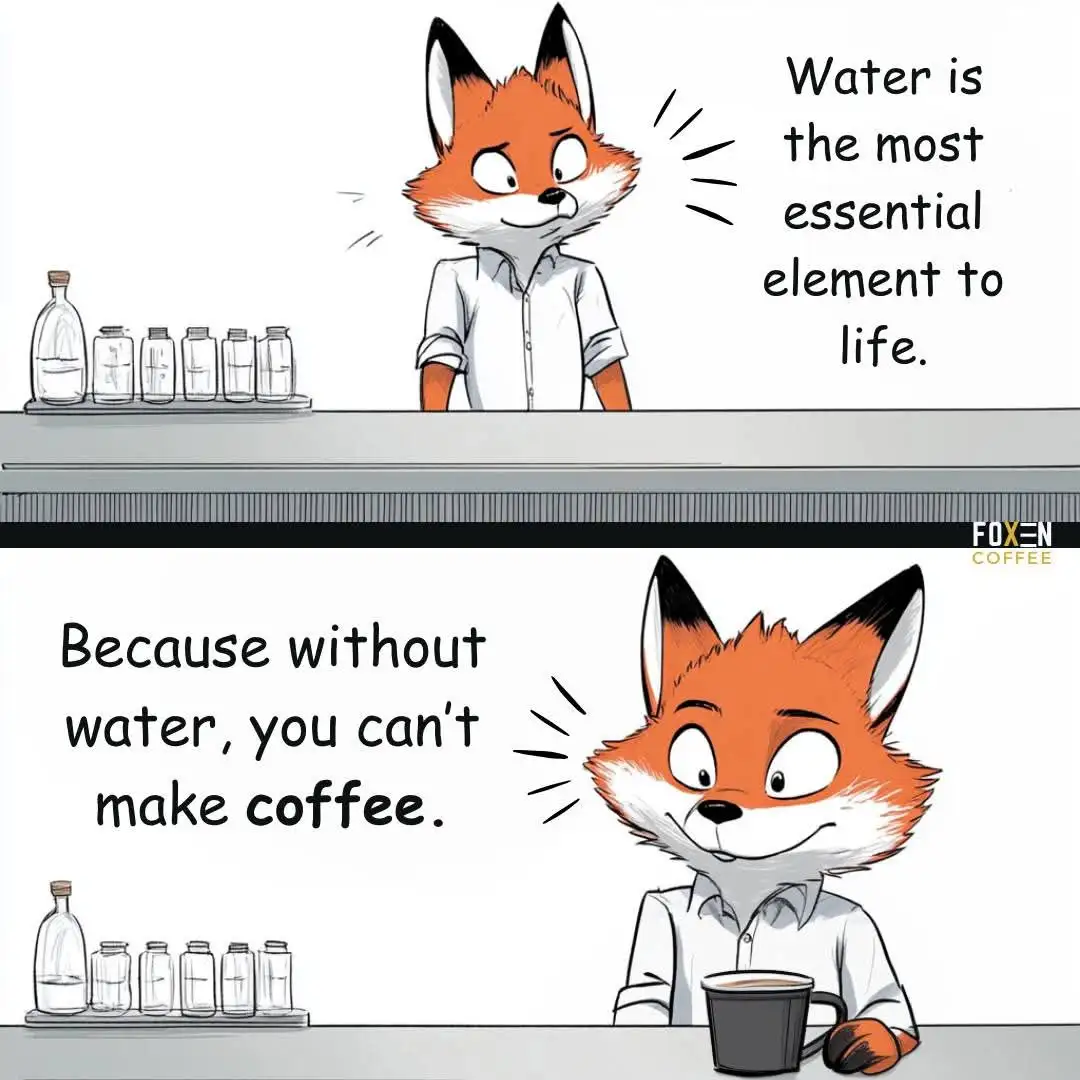 Two-panel comic featuring an anthropomorphic fox bartender. In the top panel, the fox declares 'Water is the most essential…