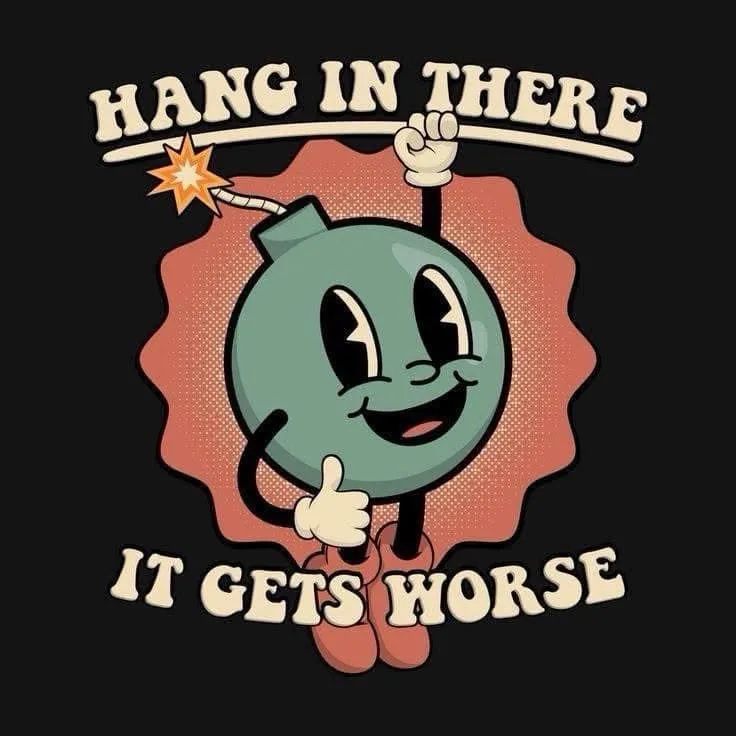 A cartoon bomb with a smiling face, giving a thumbs-up and a fist pump, has a lit fuse sparking. The text above reads 'HANG…