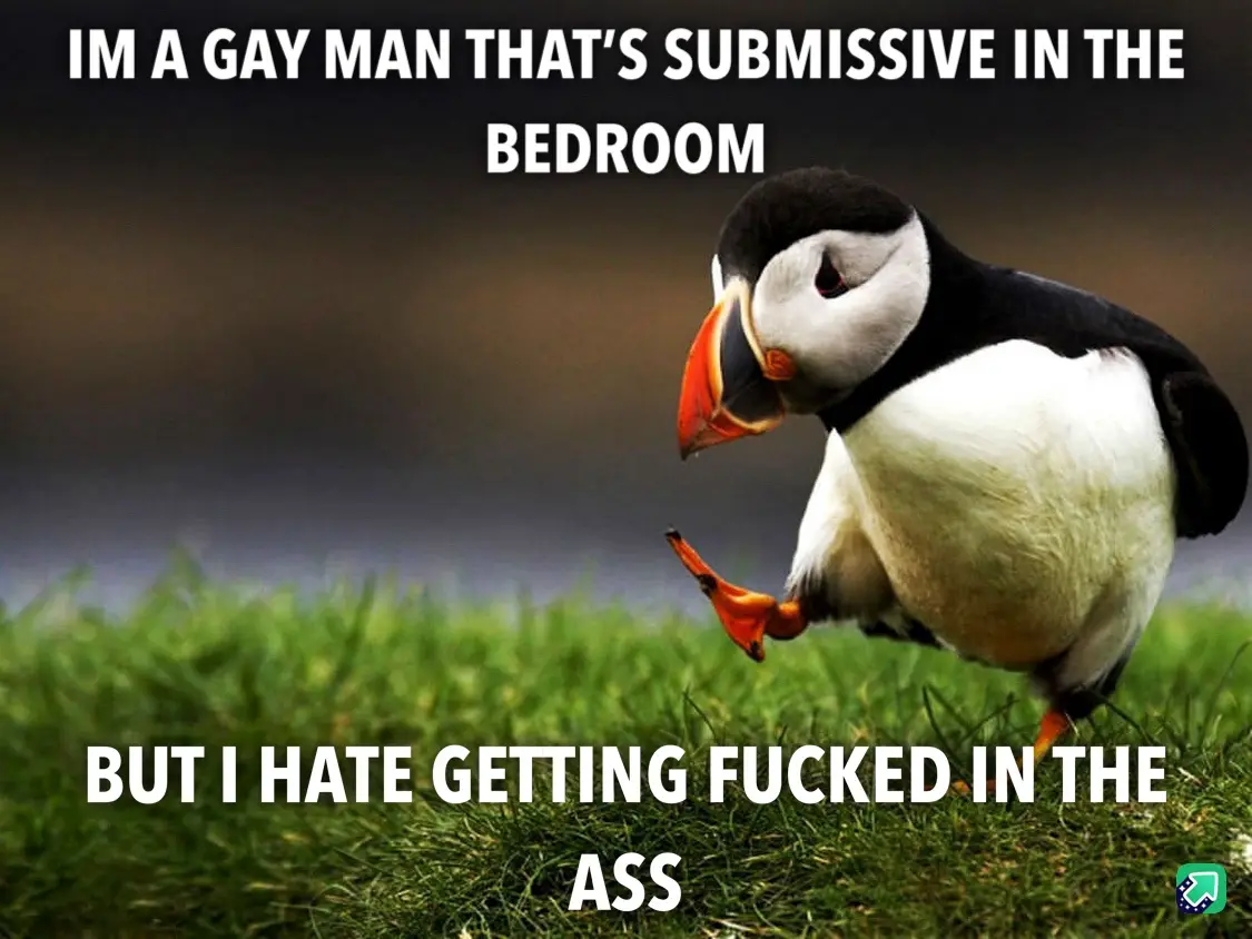 A photograph of a puffin standing on green grass with one foot lifted, looking down. White bold text is overlaid at the top…