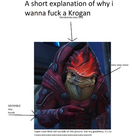A Krogan character from Mass Effect is shown with arrows pointing to various features labeled as reasons for attraction…
