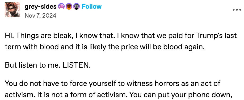 A screenshot of a social media post by 'grey-sides' dated Nov 7, 2024, with black text on a white background. The post…