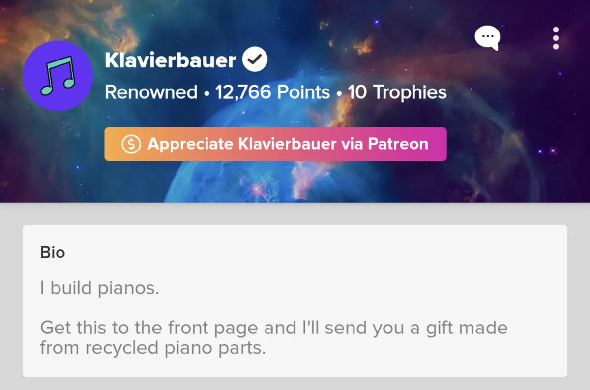 A screenshot of a user profile on a platform resembling Reddit, showing the username 'Klavierbauer' with a verified…