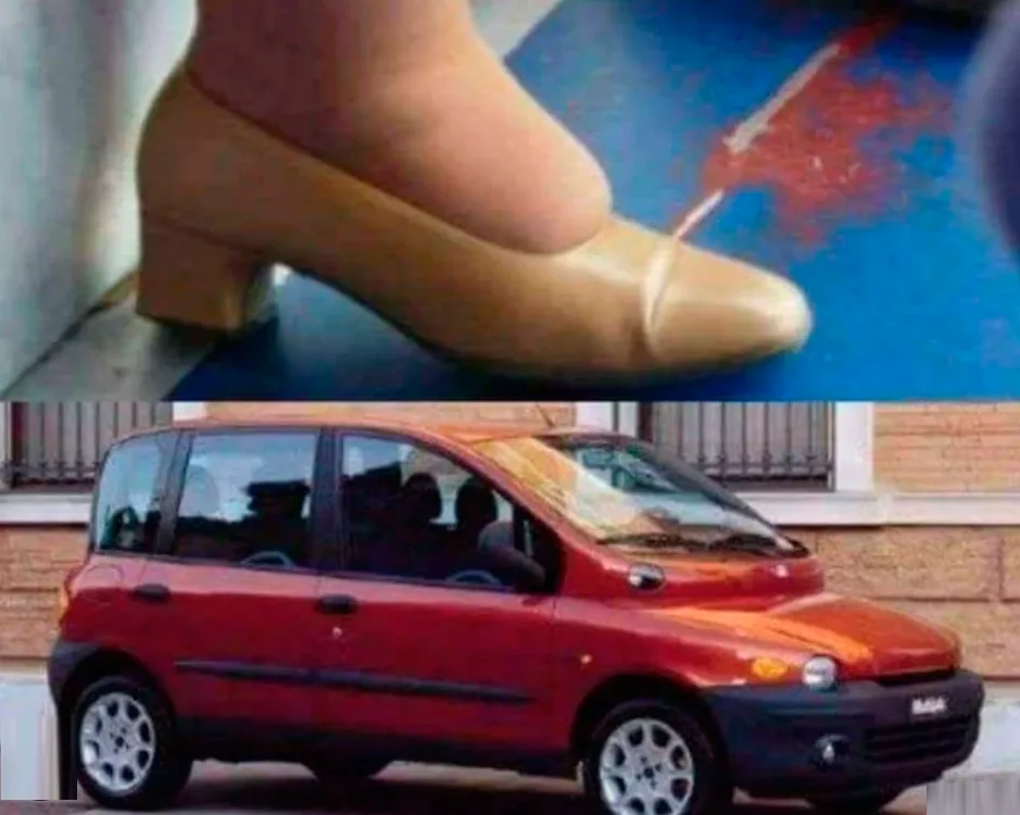 The image is a two-panel meme: the top panel shows a close-up of a woman's foot in a beige high-heeled shoe stepping on a…