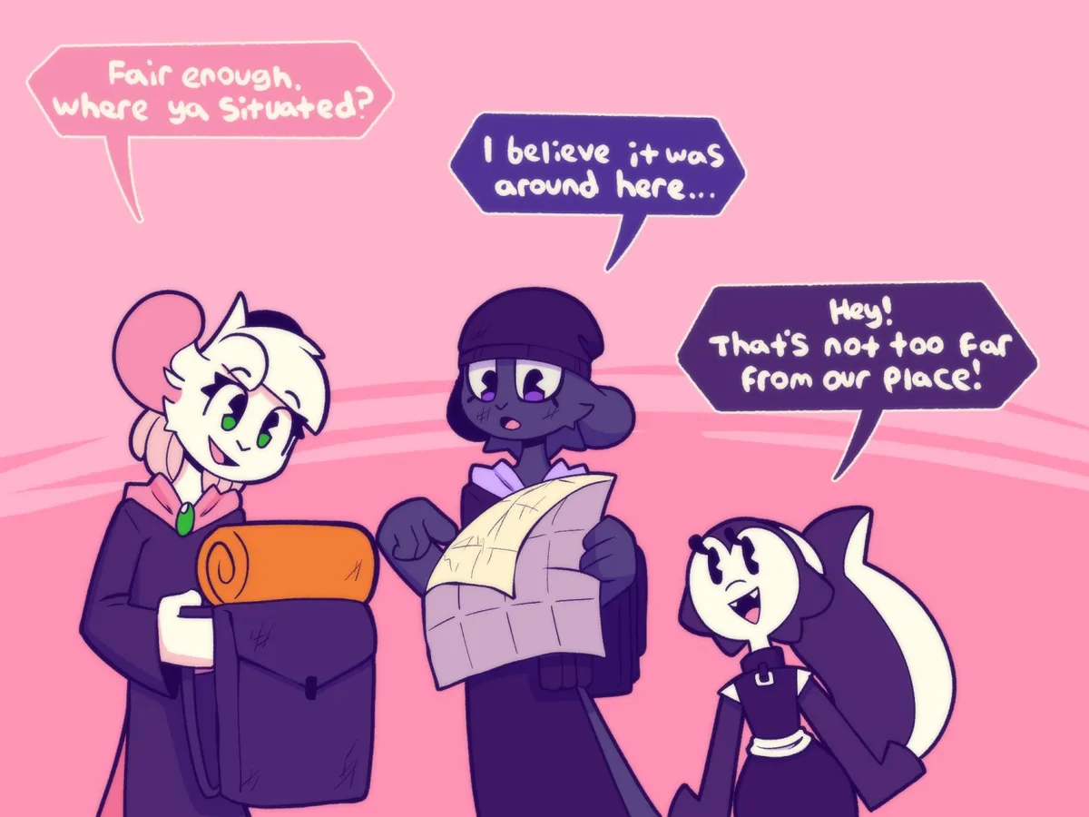 Three cartoon characters stand against a pink background. The character on the left holds a backpack with an orange rolled…
