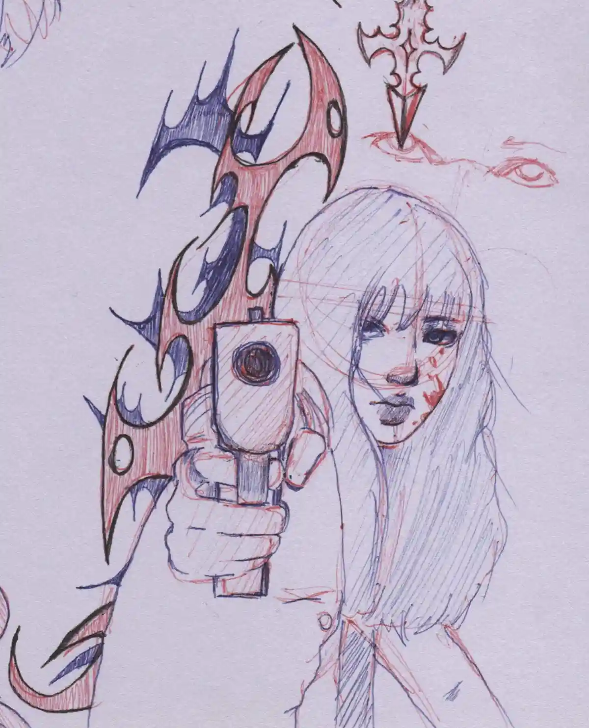 A hand-drawn sketch shows a girl with long hair holding a handgun pointed forward, with demonic or monstrous wing-like…