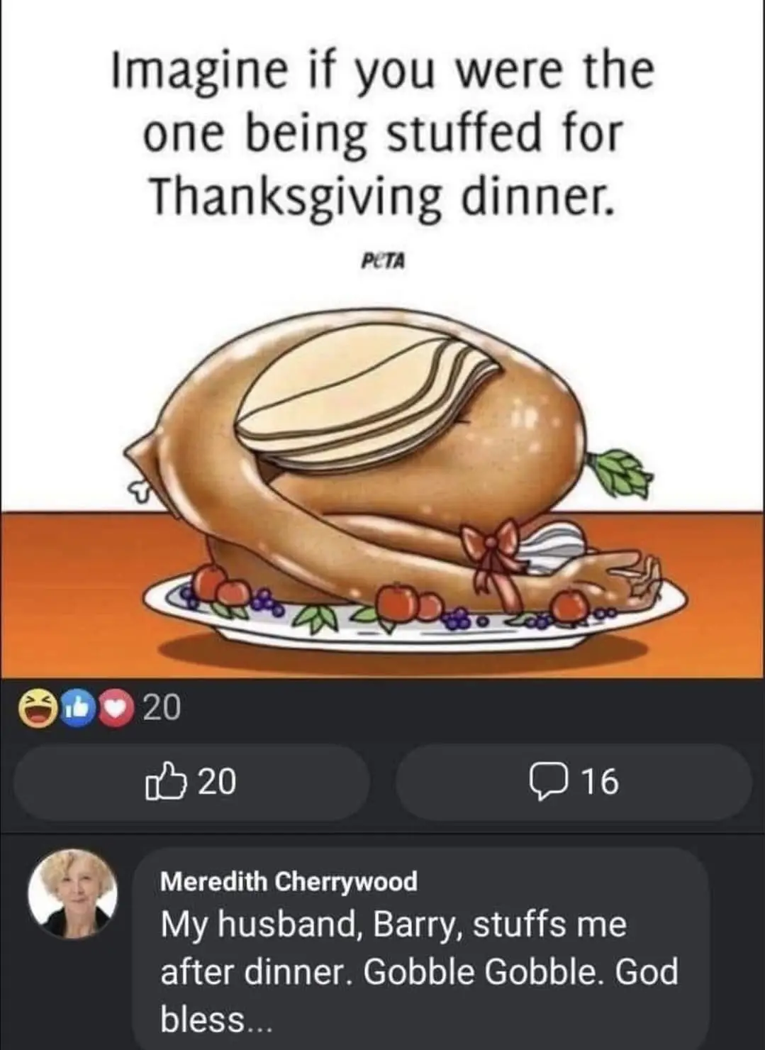 A cartoon turkey on a plate with a pie on its back, overlaid with text reading 'Imagine if you were the one being stuffed…
