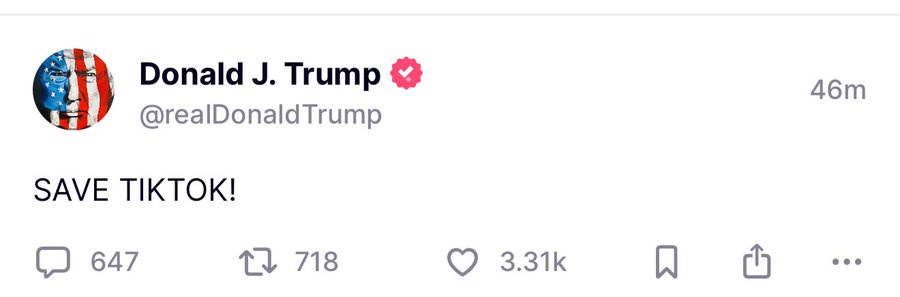 A screenshot of a social media post from Donald J. Trump's verified account, which displays the text 'SAVE TIKTOK!' in bold…