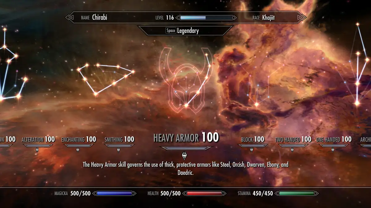 A character screen from The Elder Scrolls V: Skyrim showing a Khajiit named Chirabi at level 116 with all skills maxed at…