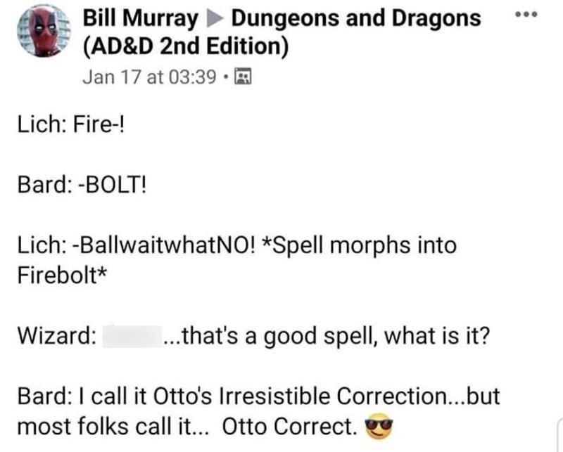 A screenshot of a social media post by Bill Murray about Dungeons and Dragons 2nd Edition, showing a humorous dialogue where…