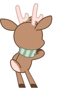 Six panels show a cartoon deer wearing a green and white striped scarf, posing in different dance-like poses. The deer is…