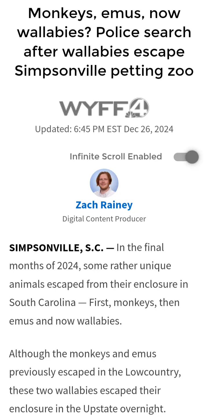 A screenshot of a news article from WYFF4 dated Dec 26, 2024, reporting that police are searching for escaped wallabies in…