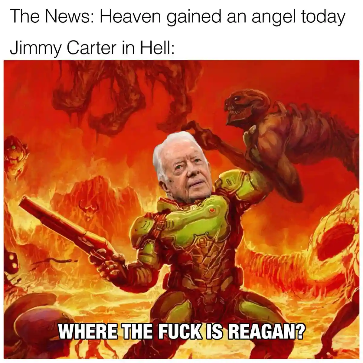 The image shows a digitally altered scene with an elderly man, identified as Jimmy Carter, superimposed onto a character…