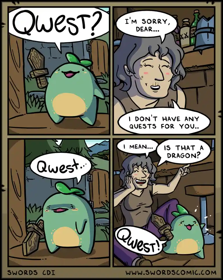 A four-panel comic shows a green, round, cartoonish creature with a leaf on its head asking 'Qwest?' while holding a sword…