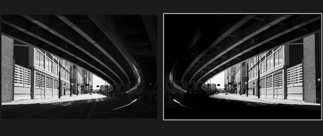 The image displays two side-by-side black-and-white photos of an urban underpass. The left photo is darker and underexposed…