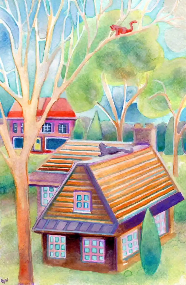 a watercolor painting of a quaint house with a cat lounging on its roof and another cat perched high in a nearby tree, with…