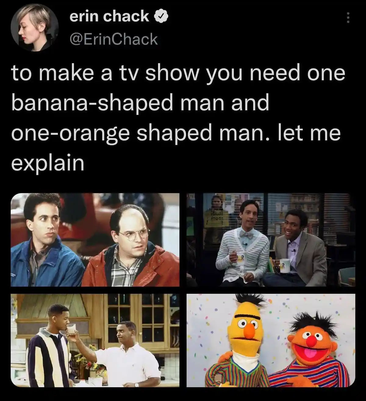 A tweet by Erin Chack features four images: two men from 'Seinfeld' (Jerry and George), two men from 'The Office' (Ryan and…