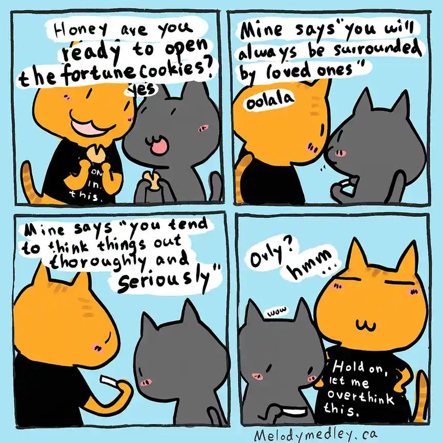 A four-panel comic strip featuring two cartoon cats, one orange and one gray, opening fortune cookies. The orange cat asks…