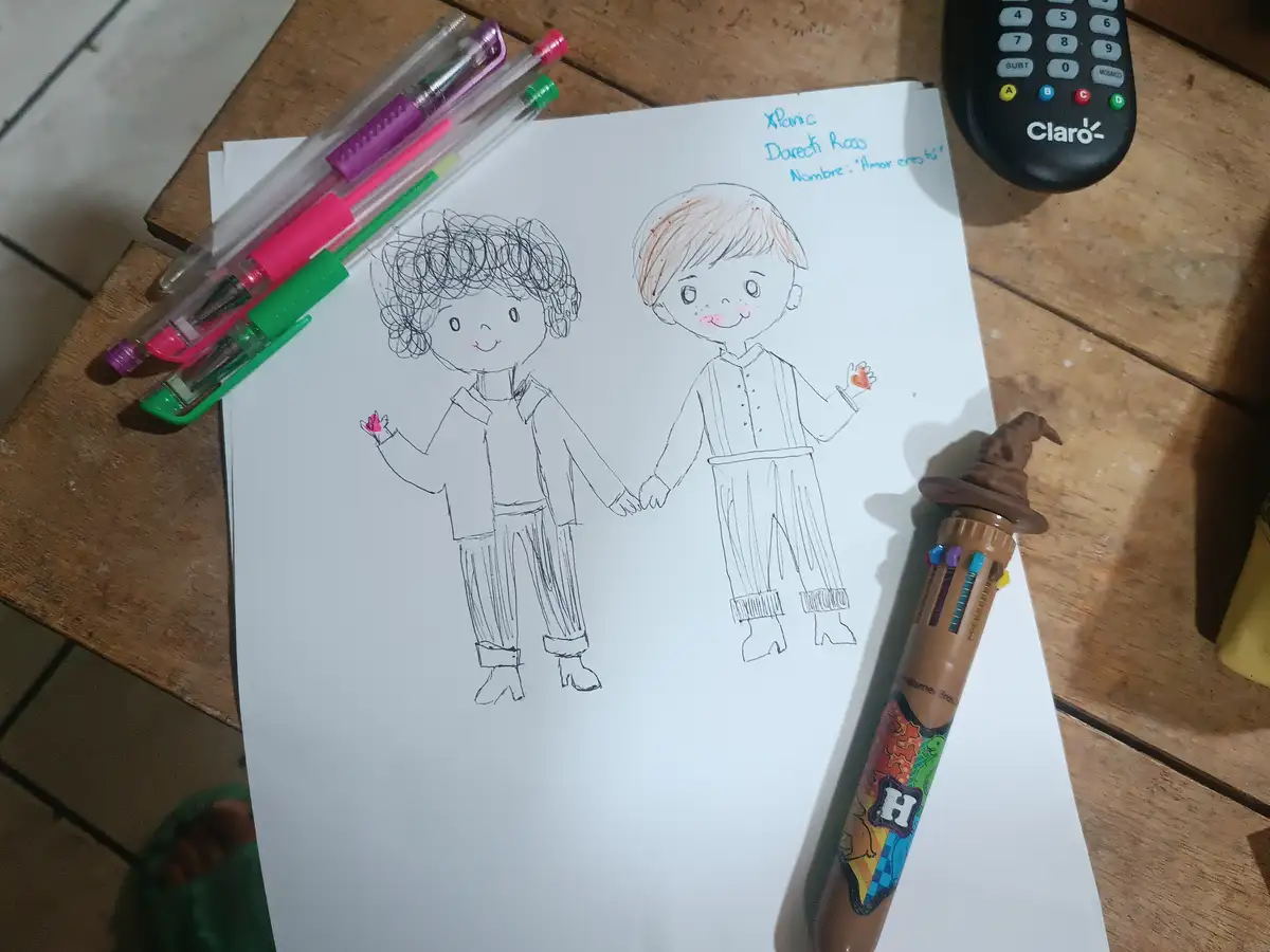A hand-drawn cartoon of two children holding hands, one with curly hair and the other with straight hair, both holding small…