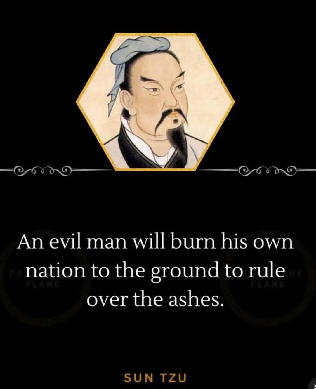 A portrait of Sun Tzu, an ancient Chinese military strategist, is shown in a hexagonal frame against a black background…