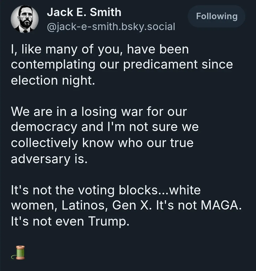 A screenshot of a social media post by Jack E. Smith, who claims to be contemplating the state of democracy post-election…
