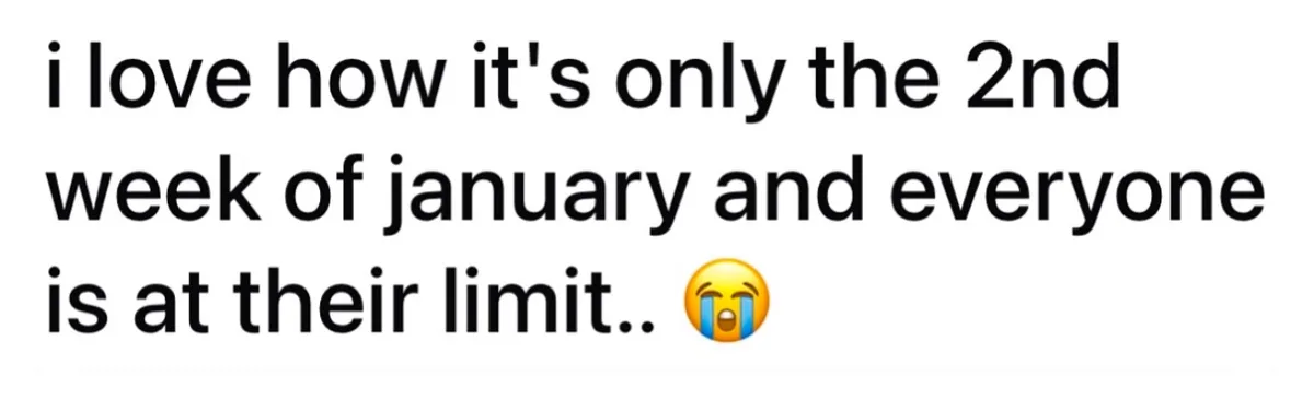 The image displays plain black text on a white background. The text reads 'i love how it's only the 2nd week of january and…