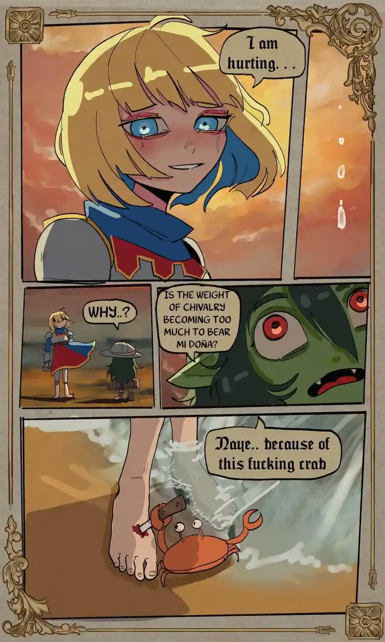 A comic strip shows a distressed blonde knight crying, then a green-skinned character asks if chivalry is too heavy, and…
