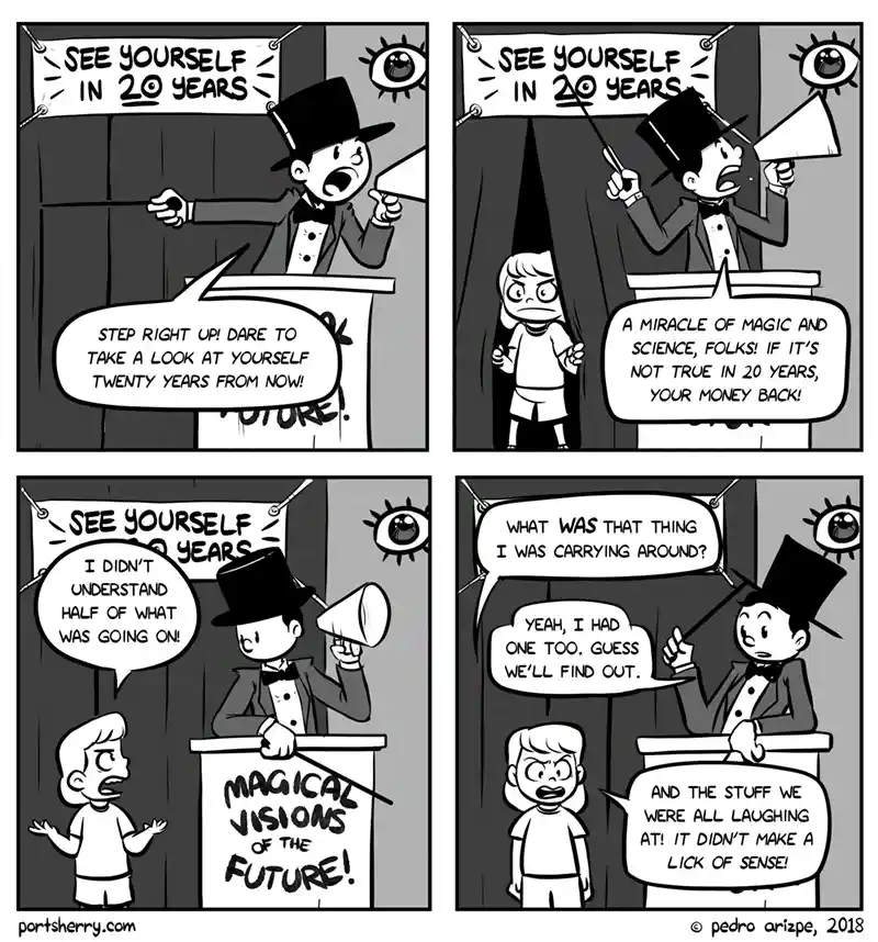 A four-panel black-and-white comic strip shows a magician in a top hat and tuxedo advertising a 'See Yourself in 20 Years'…