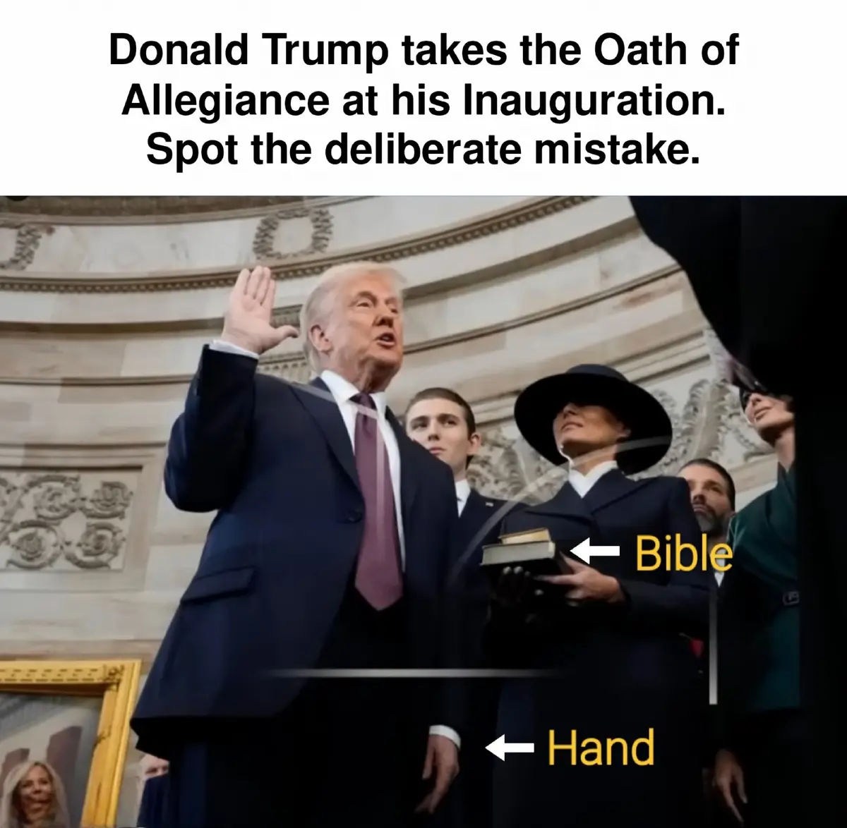 A photo of Donald Trump raising his right hand while taking the oath of office, with Melania Trump holding a Bible. Overlaid…