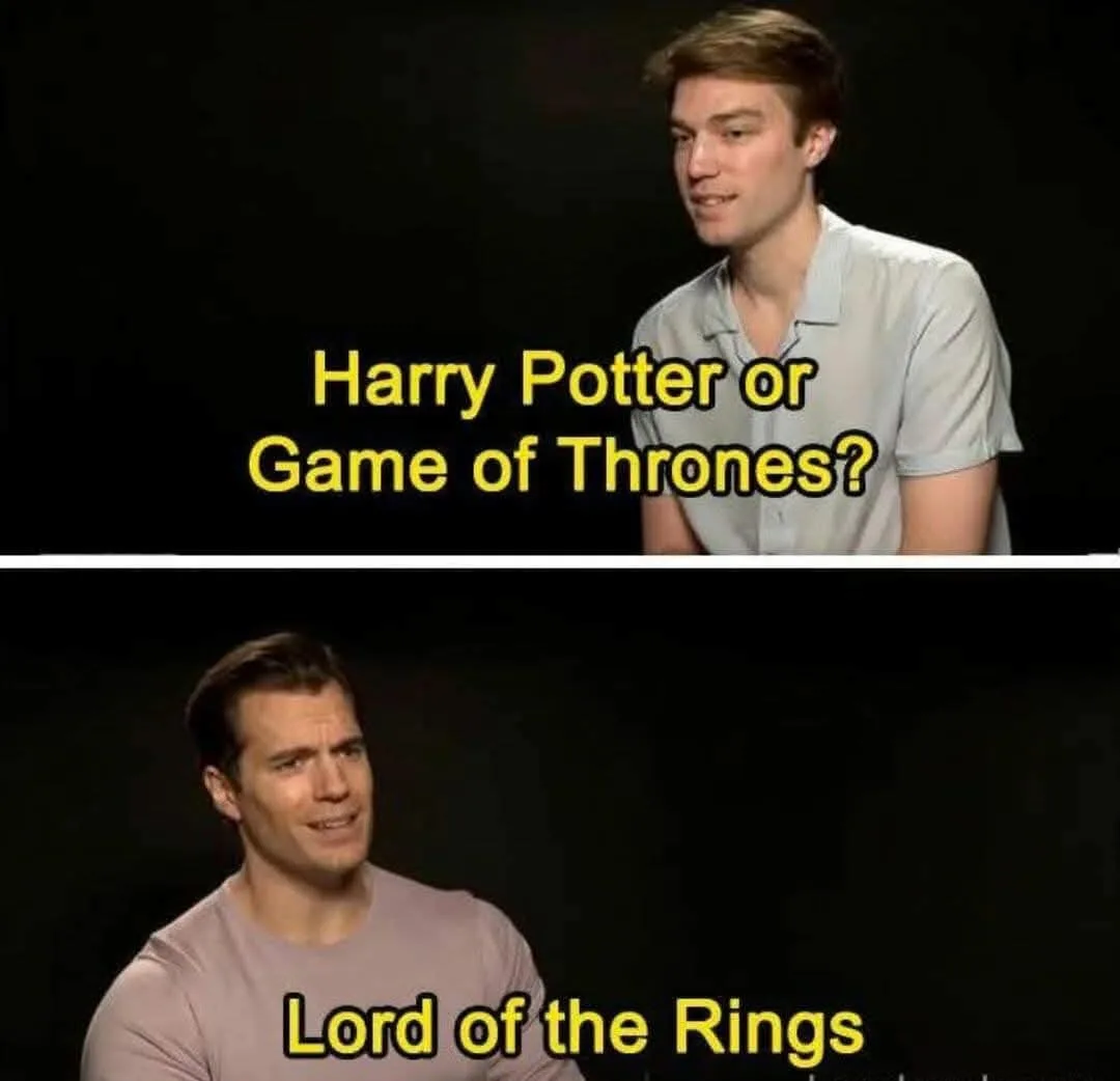 The meme features two panels. The top panel shows a young man in a light-colored shirt with the text 'Harry Potter or Game…