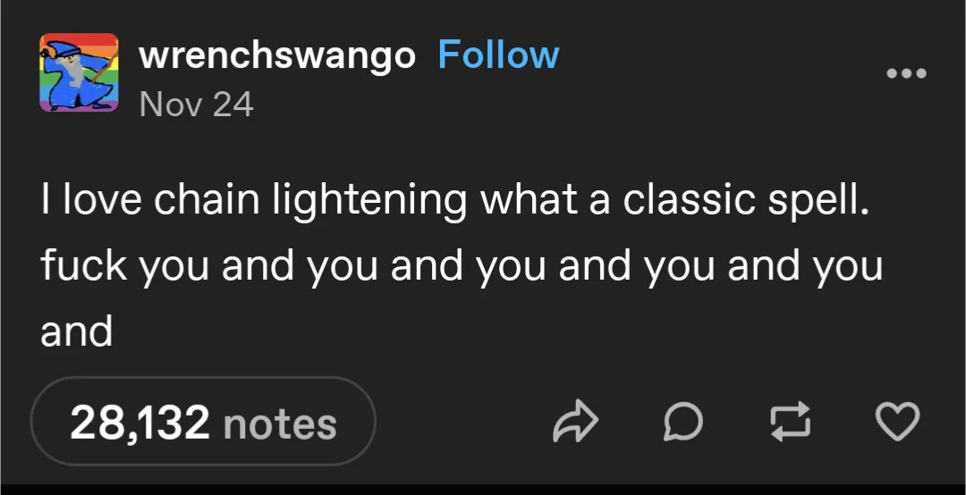 A screenshot of a Tumblr post by user 'wrenchswango' dated Nov 24, showing a dark-themed interface with white text. The post…