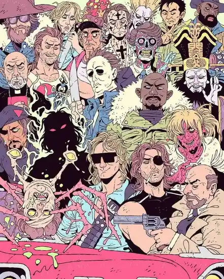A dense, colorful illustration shows dozens of recognizable horror and action movie characters, including Michael Myers…