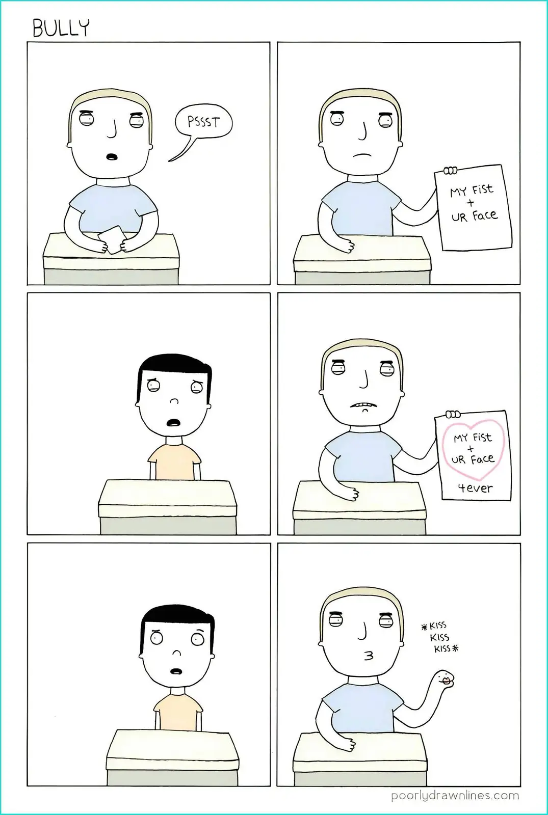 A six-panel comic strip titled 'BULLY' shows a student whispering to another, then holding up a note that reads 'MY Fist +…