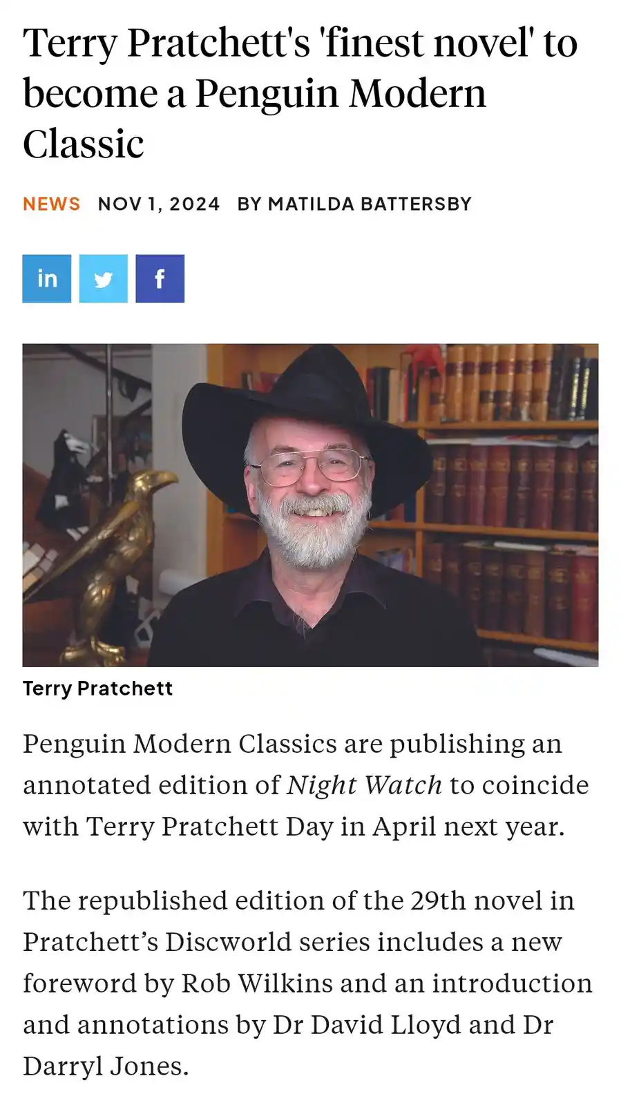 A screenshot of a news article from November 1, 2024, announcing that Terry Pratchett's novel 'Night Watch' will be…