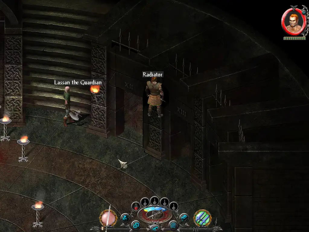 A screenshot from the game Baldur's Gate II shows two characters in a dark, stone-walled dungeon. One character, 'Lassan the…