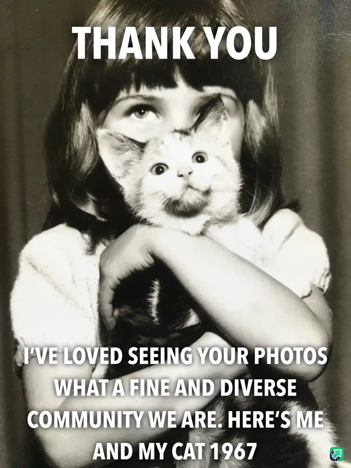 A black-and-white photo shows a young girl holding a small kitten, with the kitten's face superimposed over her own. The…