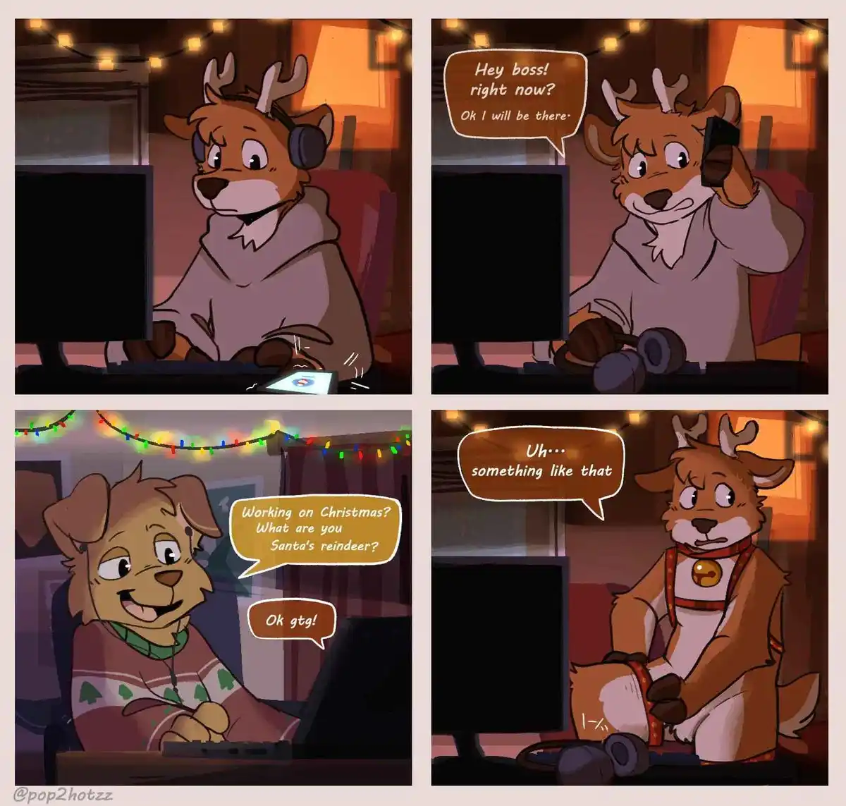 A four-panel comic shows a deer character in a home office, initially working at a computer, then answering a call from a…