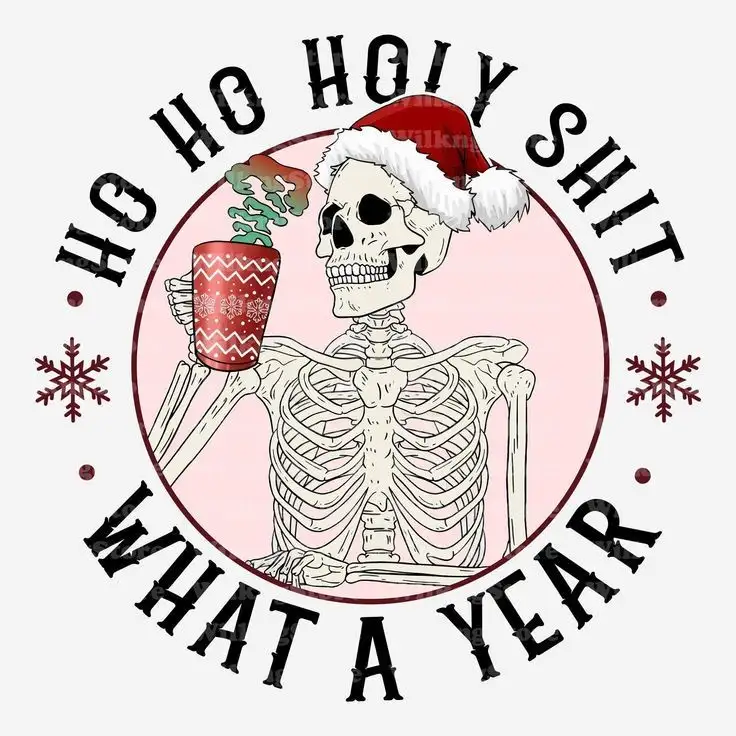 A cartoon skeleton wearing a red and white Santa hat holds a steaming red mug with snowflake patterns. The skeleton is…