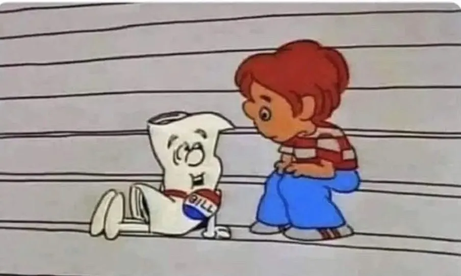 A cartoon boy with red hair and a striped shirt kneels beside a personified roll of toilet paper wearing a 'bill' badge…