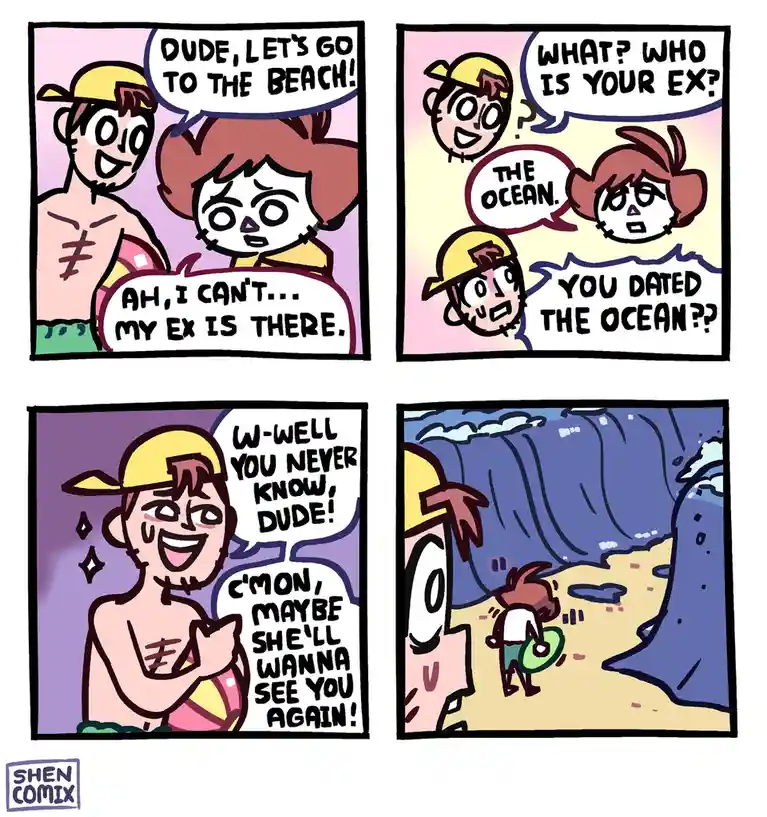 A four-panel comic shows a boy inviting a girl to the beach, but she refuses because her ex is there. He asks who her ex is…