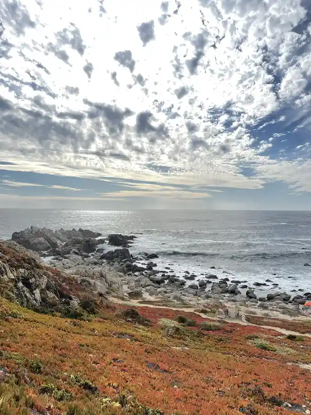 A scenic coastal photo shows a rocky shoreline with waves crashing against gray boulders under a partly cloudy sky. The…