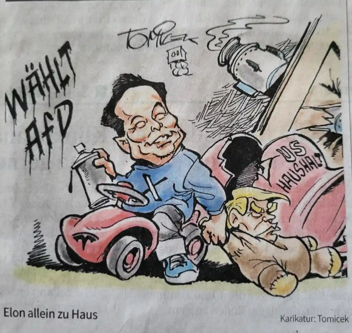 A cartoon depicts a caricature of Elon Musk driving a small pink Tesla toy car while holding a spray can, with the text…