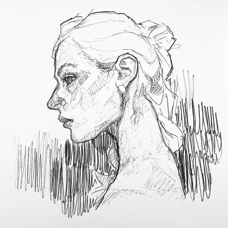 A black-and-white sketch shows a woman's profile looking off to the side, her expression appearing emotional with visible…