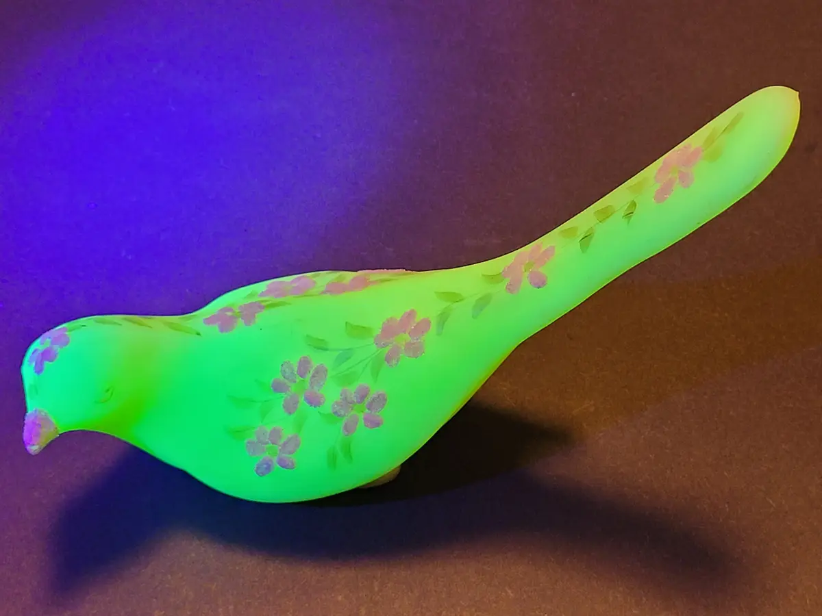 A bright green, glowing bird figurine with pink floral patterns on its body is shown under blacklight, casting a shadow on a…