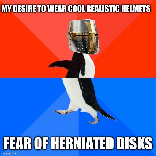 A penguin walks against a red and blue background, wearing a realistic medieval-style helmet. The top text reads 'MY DESIRE…