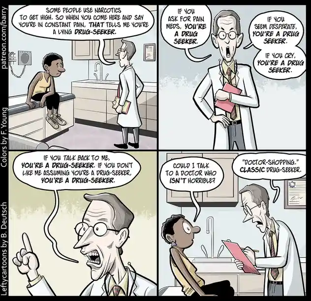 A four-panel comic strip depicts a patient sitting on a medical exam table while a doctor delivers increasingly absurd and…