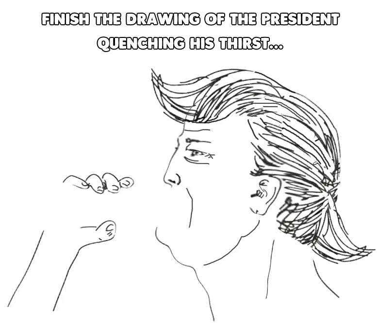 A black-and-white line drawing shows a side profile of a man with distinctive, styled hair, looking toward a hand holding a…