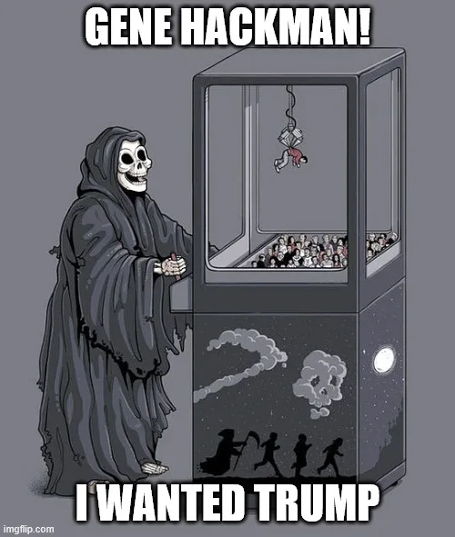 A grim reaper stands beside a claw machine filled with small figures of people, with one figure hanging from the claw. The…