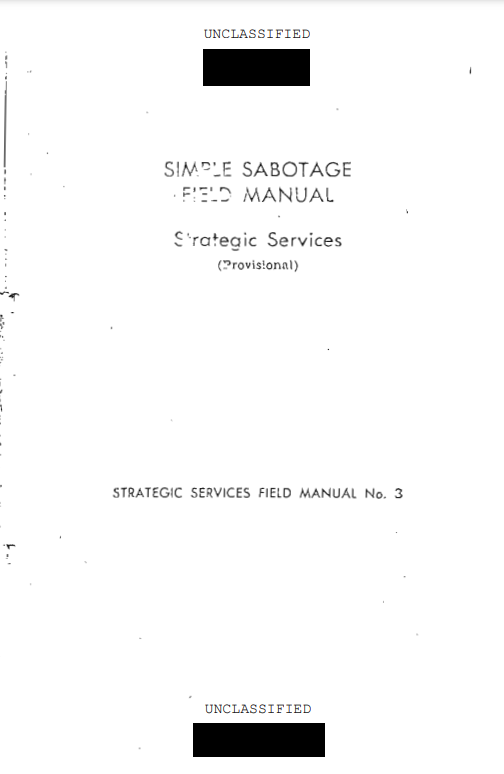 The image shows the cover of a document titled 'SIMPLE SABOTAGE FIELD MANUAL' by 'Strategic Services (Provisional)', labeled…