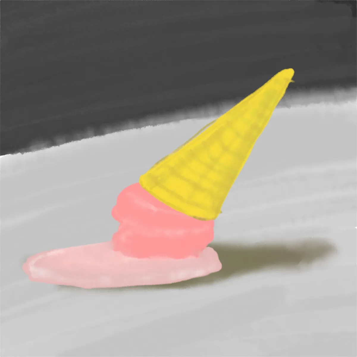 A cartoon-style drawing shows a melting pink ice cream cone with a yellow waffle cone, dripping onto a gray surface under a…